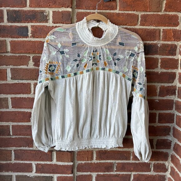 FREE PEOPLE Women's Monday Morning Embroidered Top Ivory Ruched Mock Neck Sz M - Picture 1 of 3